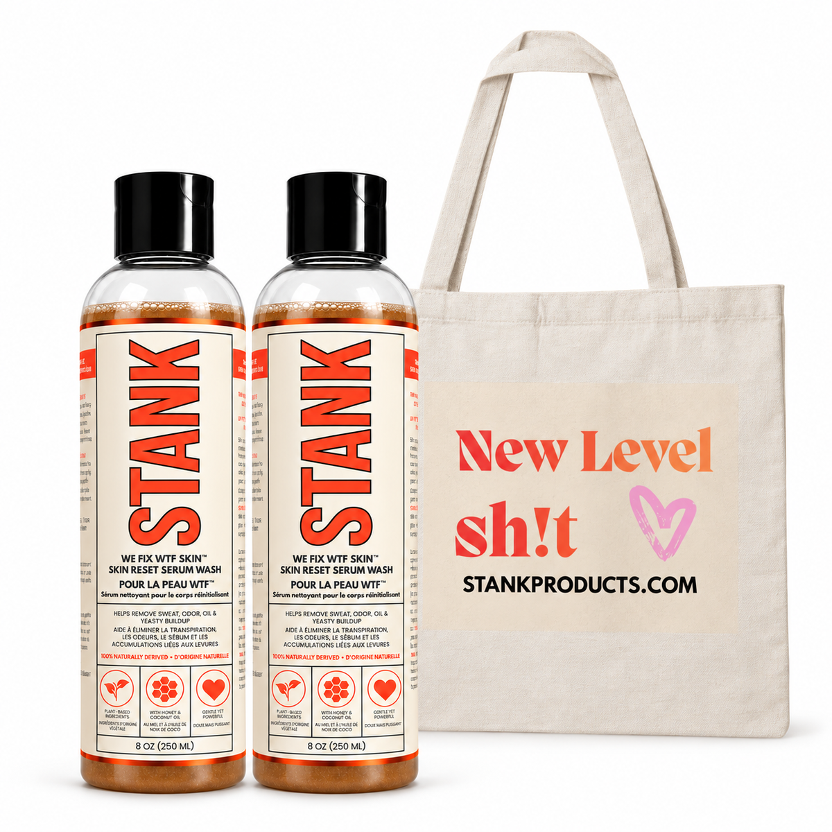 Two bottles of STANK Skin Reset Serum Wash 8 oz with the STANK canvas tote bag