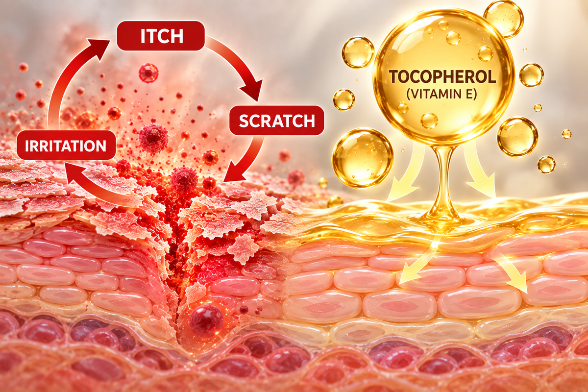 Illustration of the itch, scratch and irritation cycle in the skin, beside drops of vitamin E