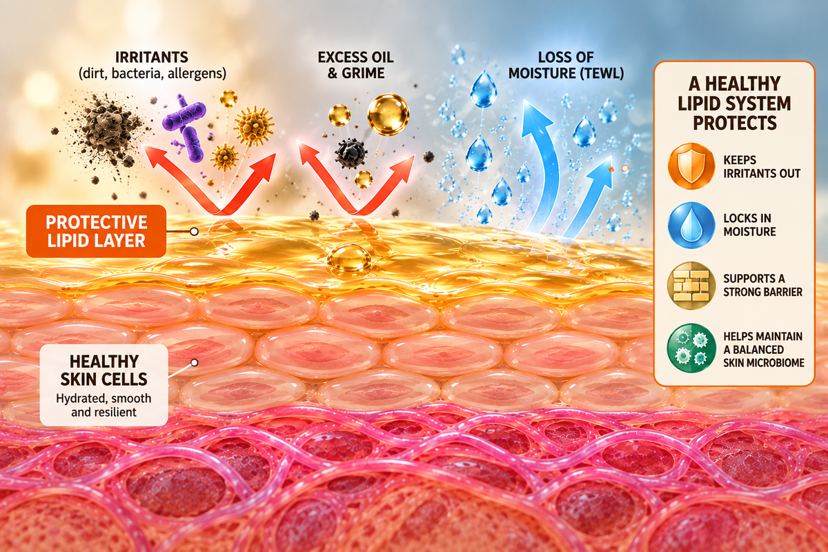 Illustration of a healthy skin lipid barrier keeping out irritants and grime and locking in moisture