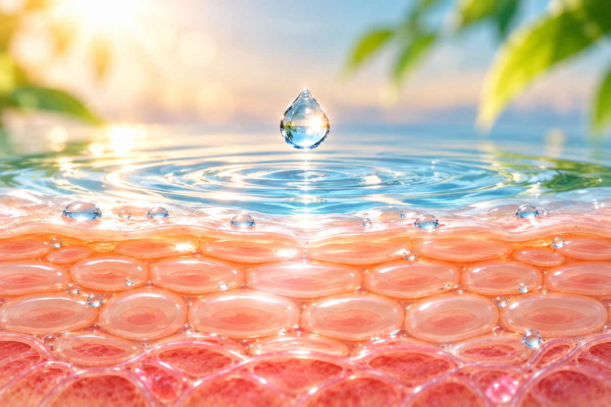 Water droplet over a calm pool above a layer of skin cells