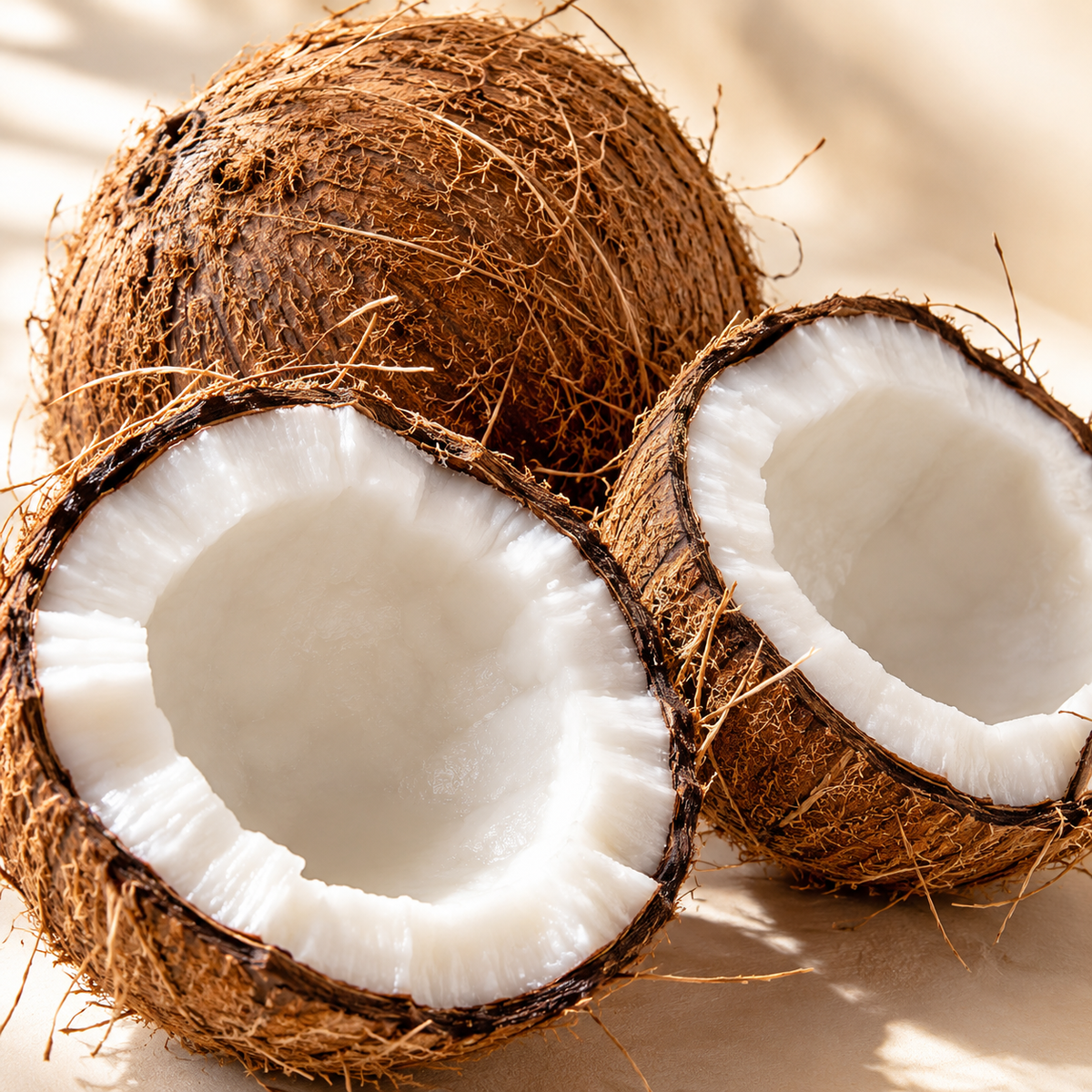 Two halves of an open coconut