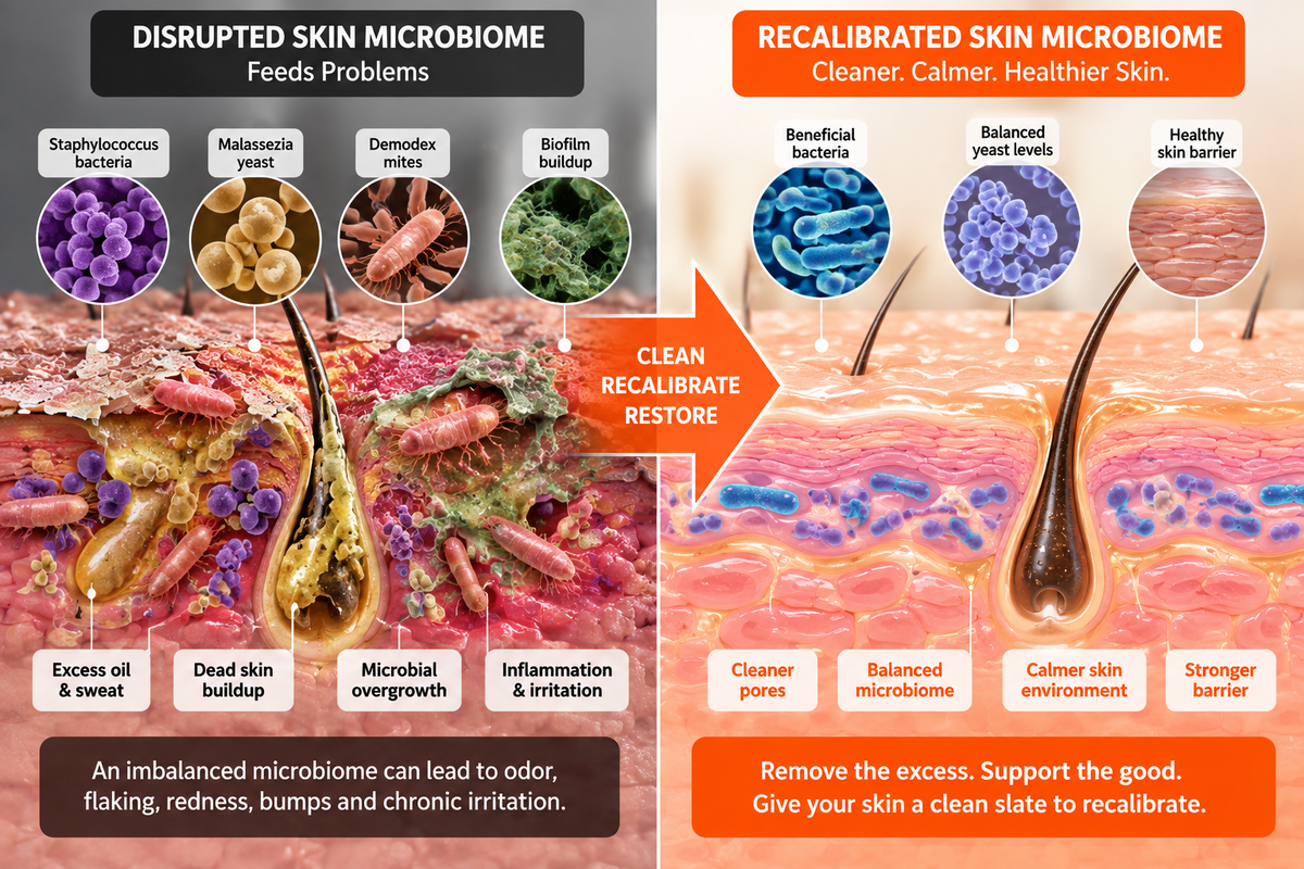 Illustration comparing a disrupted skin microbiome with a rebalanced one