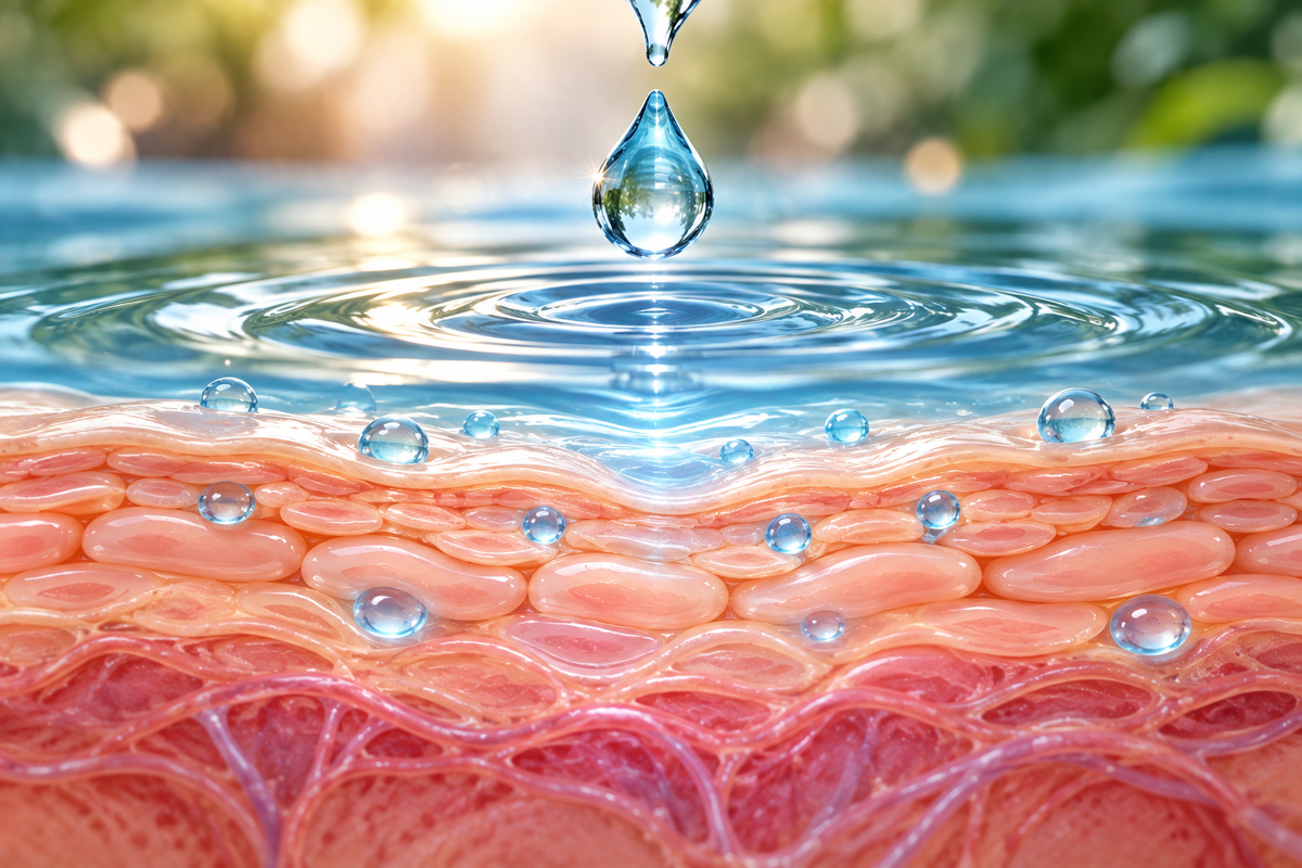 Water droplet rippling over a layer of skin cells