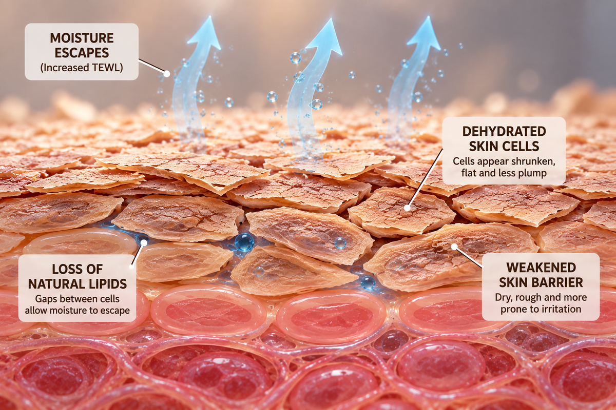 Illustration of dehydrated skin losing moisture through a weakened skin barrier
