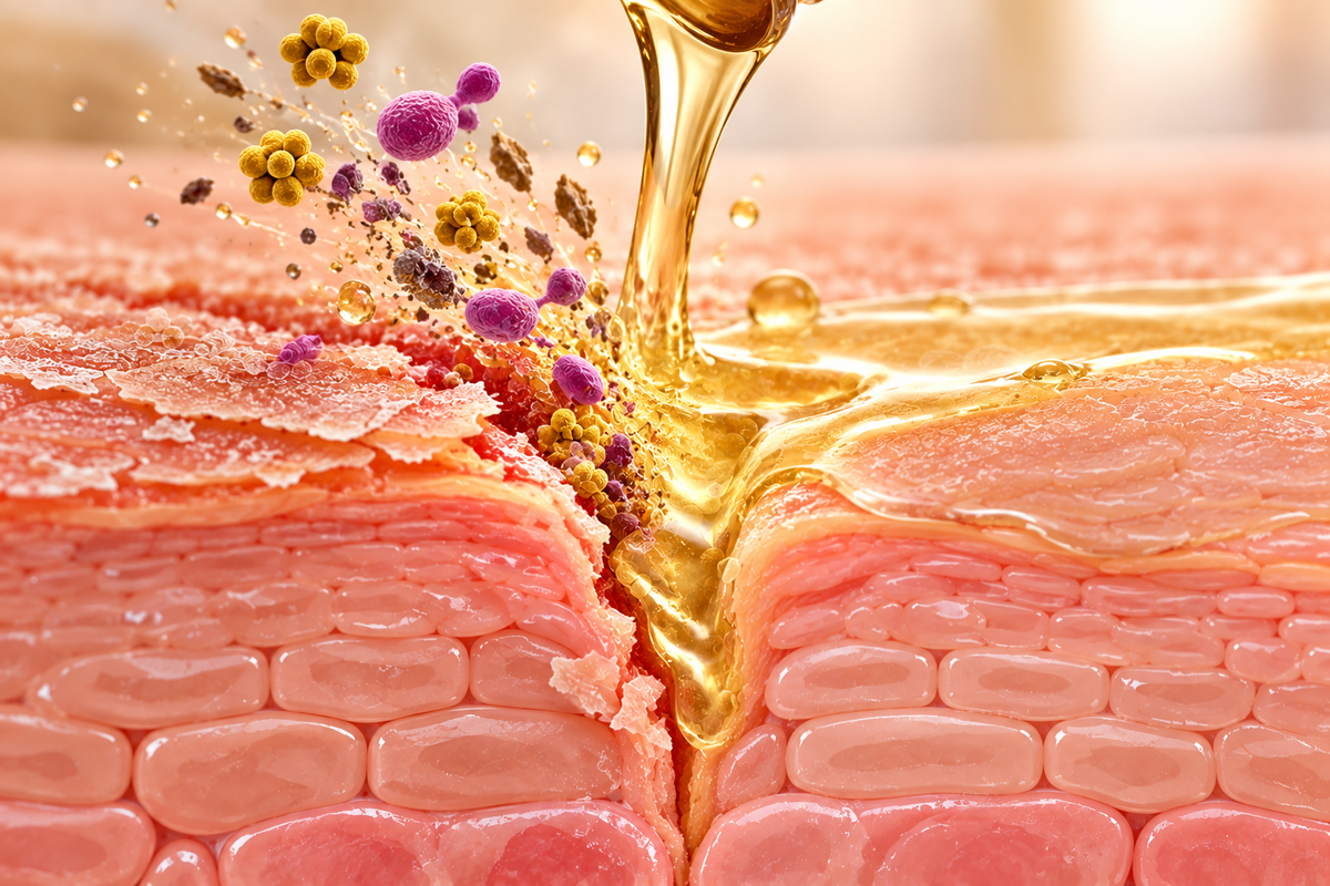 Illustration of a golden wash flowing into a crack in the skin surface