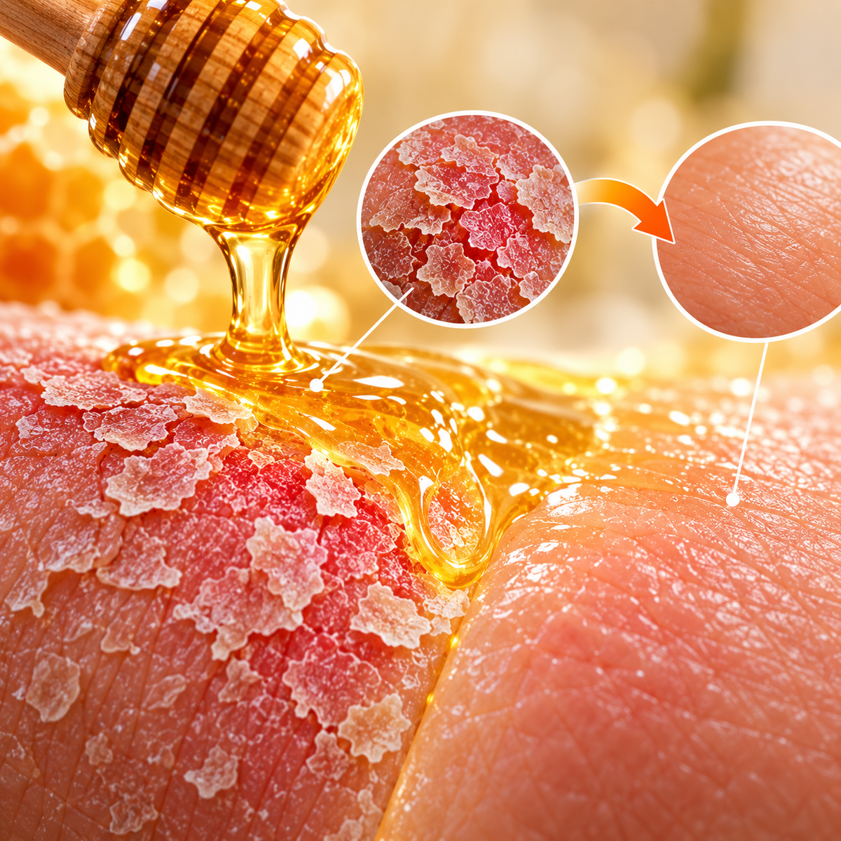Illustration of honey dripping onto dry, flaky skin